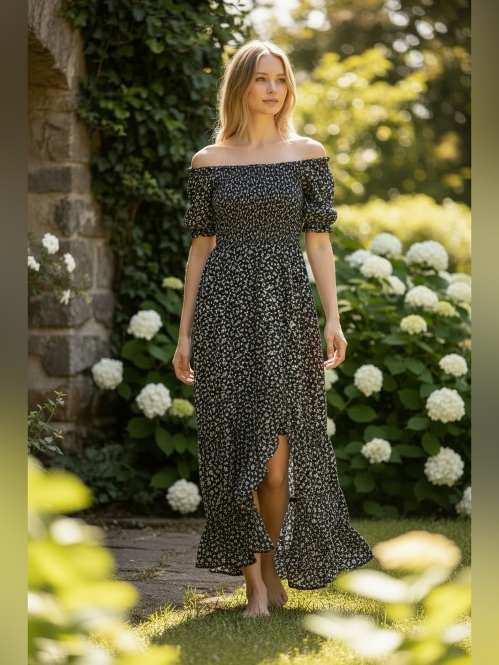 Francesca’s Blue Rain Navy Floral High Low Maxi Dress with Puff Sleeves NWT M